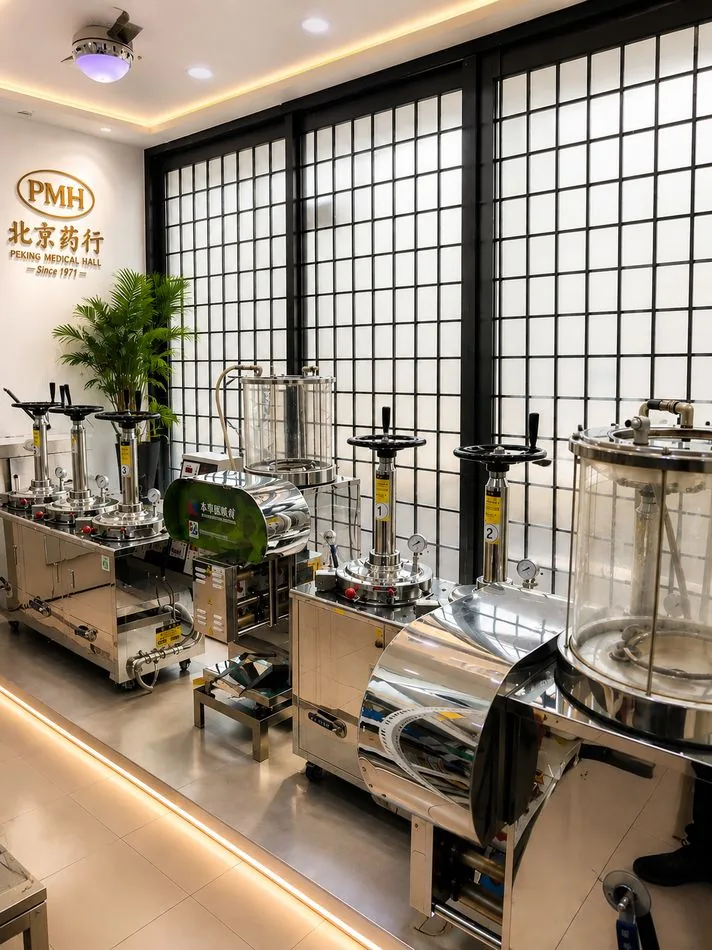 北京药行门店内的专业煎药设备与 PMH 招牌