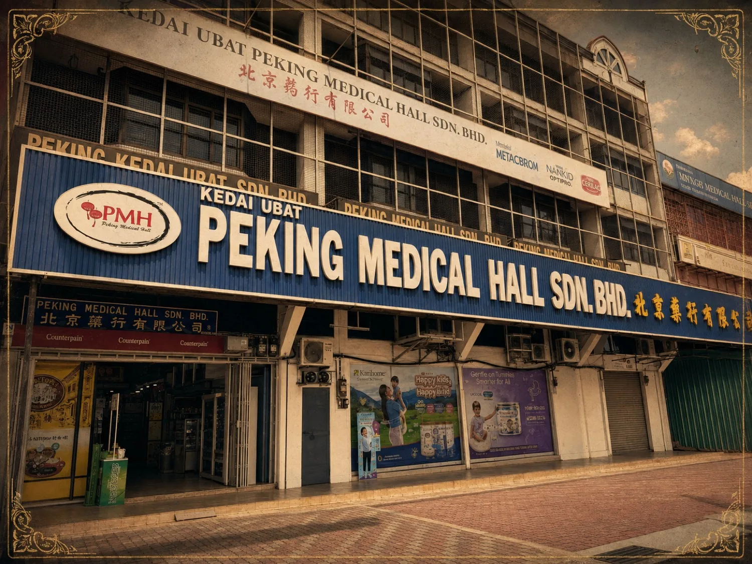 北京药行双溪大年门面，蓝色招牌写着 Peking Medical Hall